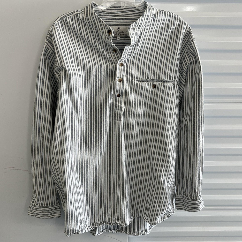 Lee Valley Shirt Mens XL Blue Stripe Flannel Long Sleeve Grandad Collar Ireland‎